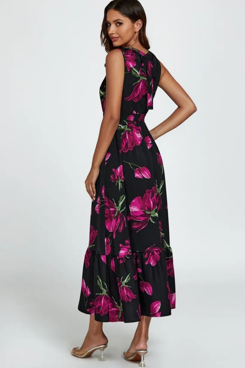 Floral Print Halterneck Maxi Dress In Black by FS Collection