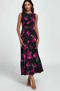 Floral Print Halterneck Maxi Dress In Black by FS Collection