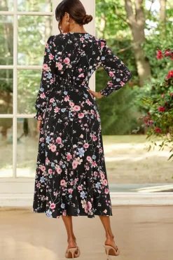 Floral Print Long Sleeve Midi Dress In Black by FS Collection
