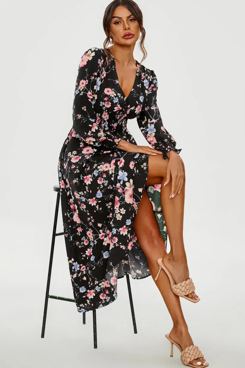 Floral Print Long Sleeve Midi Dress In Black by FS Collection