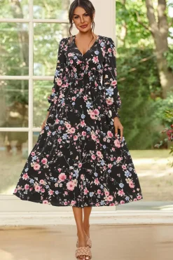 Floral Print Long Sleeve Midi Dress In Black by FS Collection
