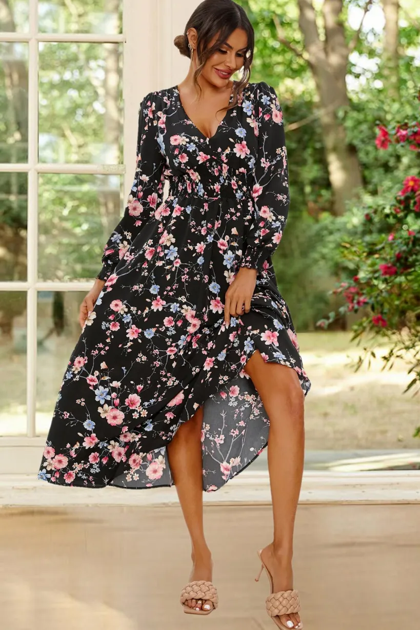 Floral Print Long Sleeve Midi Dress In Black by FS Collection