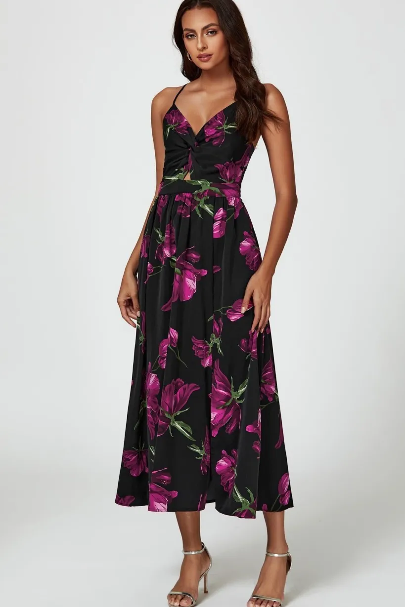 Floral Print Maxi Dress In Black by FS Collection