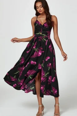 Floral Print Maxi Dress In Black by FS Collection