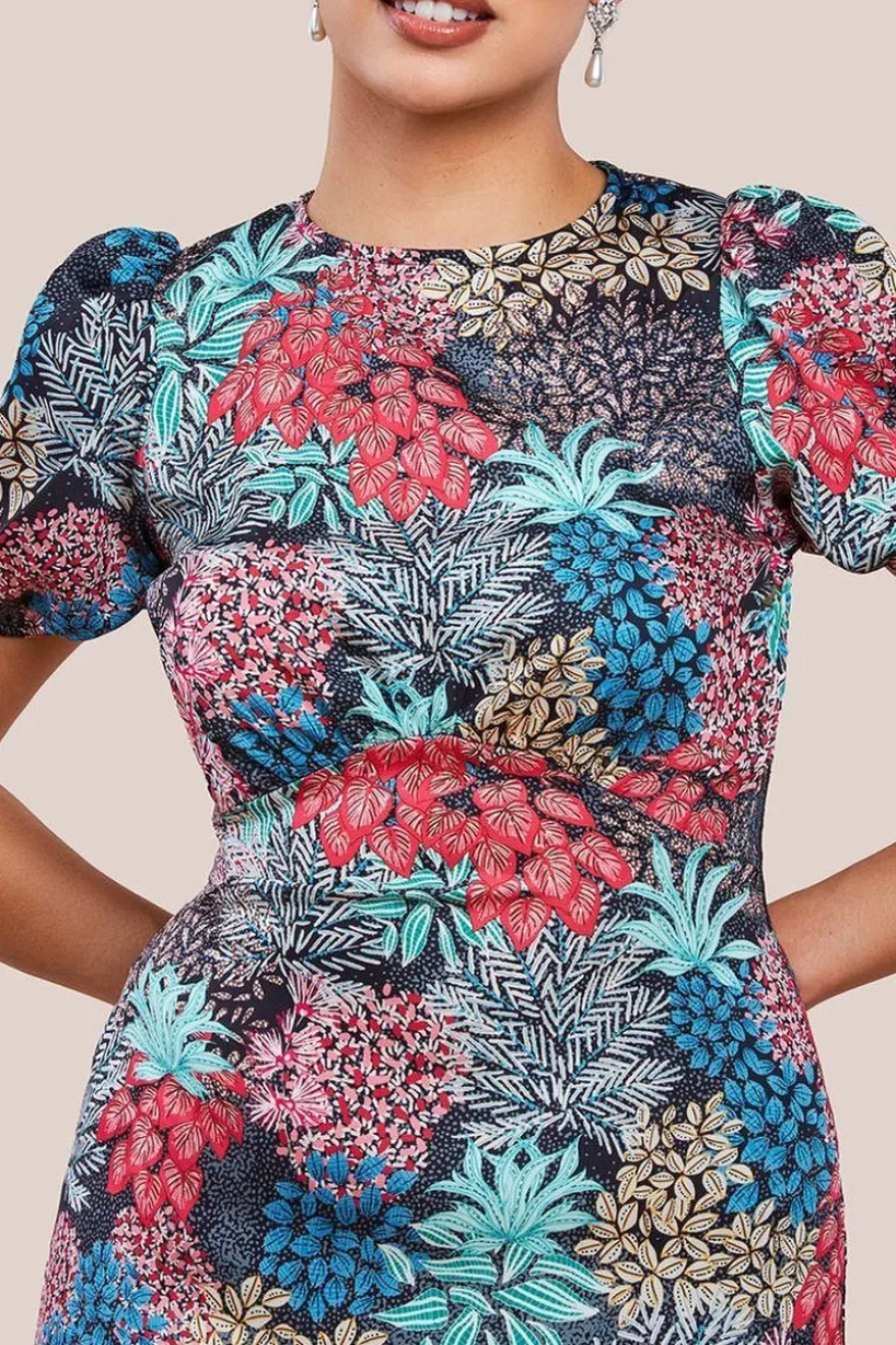 Floral Print Midi Dress With Short Sleeve by Urban Touch