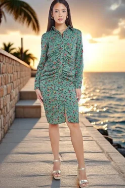 Floral Print Shirt Dress - Sage Green by City Goddess