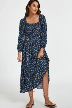 Floral Print Square Neck Maxi Dress In Dark Blue by FS Collection