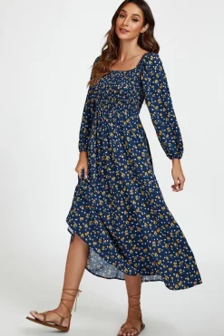 Floral Print Square Neck Maxi Dress In Dark Blue by FS Collection