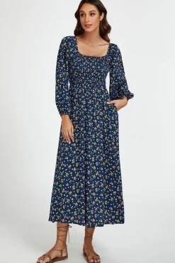 Floral Print Square Neck Maxi Dress In Dark Blue by FS Collection