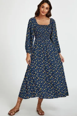 Floral Print Square Neck Maxi Dress In Dark Blue by FS Collection