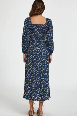 Floral Print Square Neck Maxi Dress In Dark Blue by FS Collection