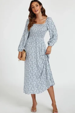 Floral Print Square Neck Maxi Dress In Light Blue by FS Collection