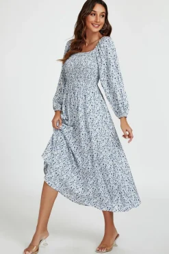 Floral Print Square Neck Maxi Dress In Light Blue by FS Collection