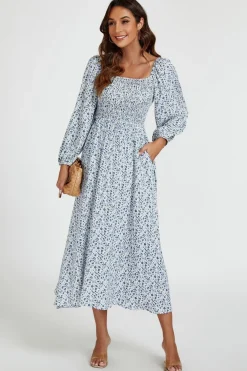 Floral Print Square Neck Maxi Dress In Light Blue by FS Collection