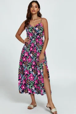Floral Print Tie Front Maxi Dress In Black by FS Collection