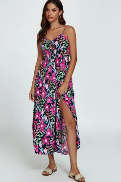 Floral Print Tie Front Maxi Dress In Black by FS Collection
