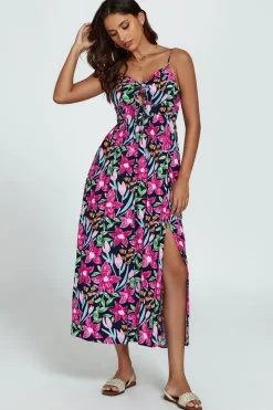 Floral Print Tie Front Maxi Dress In Black by FS Collection