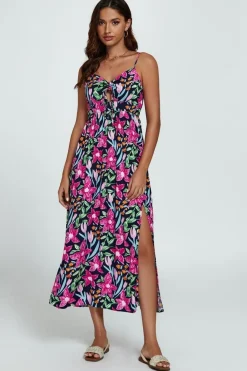 Floral Print Tie Front Maxi Dress In Black by FS Collection