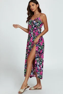Floral Print Tie Front Maxi Dress In Black by FS Collection