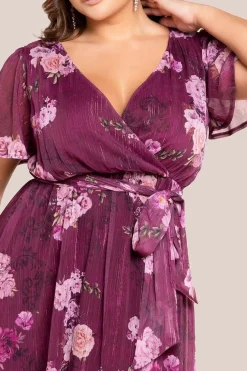 Floral Print Wrap Chiffon Midi Dress - Berry Floral by Goddiva Plus