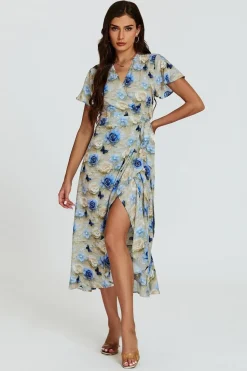 Floral Print Wrap Hem Midi Dress In Beige by FS Collection