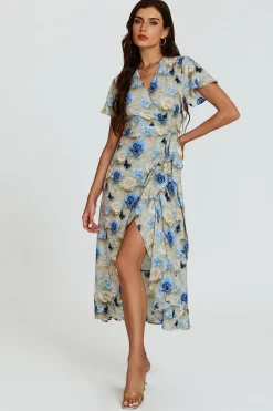 Floral Print Wrap Hem Midi Dress In Beige by FS Collection