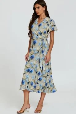 Floral Print Wrap Hem Midi Dress In Beige by FS Collection