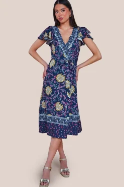 Floral Print Wrap Midi With Flutter Sleeves - Navy Print by Goddiva