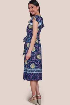 Floral Print Wrap Midi With Flutter Sleeves - Navy Print by Goddiva