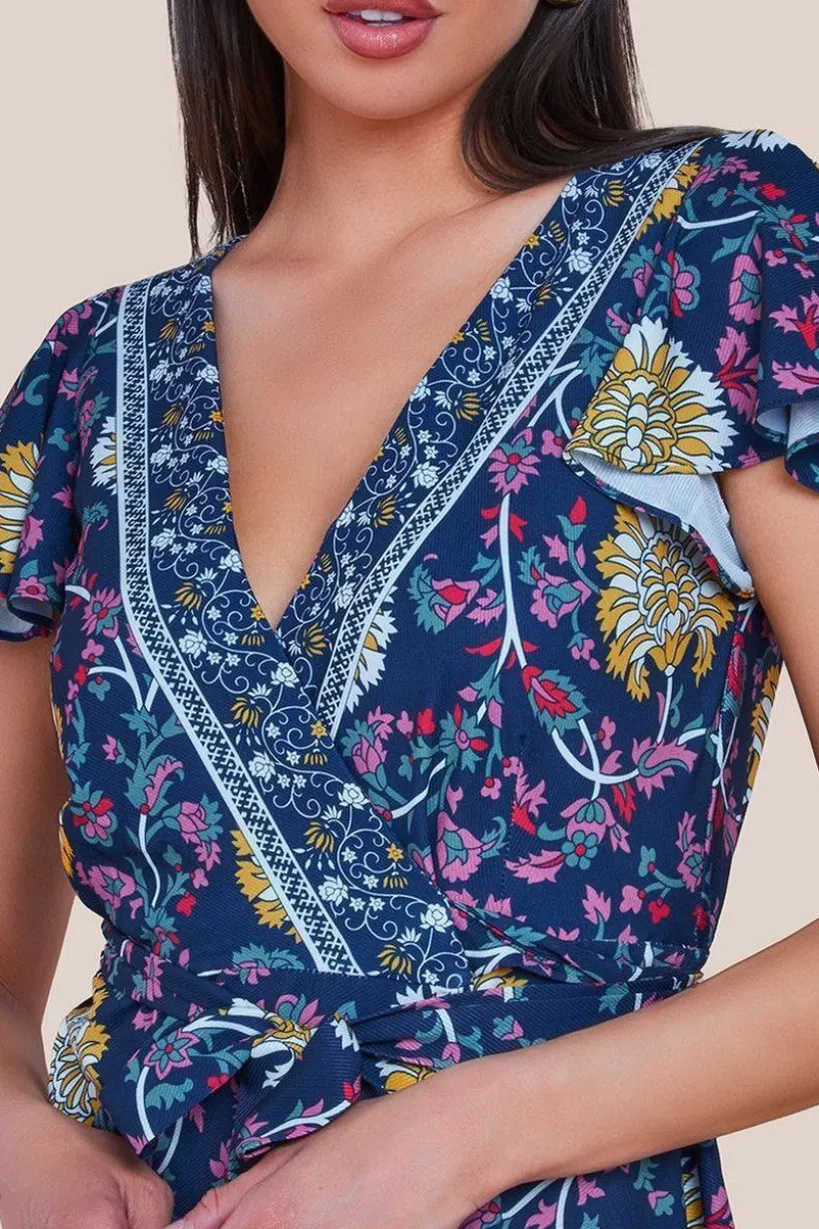 Floral Print Wrap Midi With Flutter Sleeves - Navy Print by Goddiva