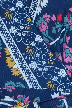 Floral Print Wrap Midi With Flutter Sleeves - Navy Print by Goddiva