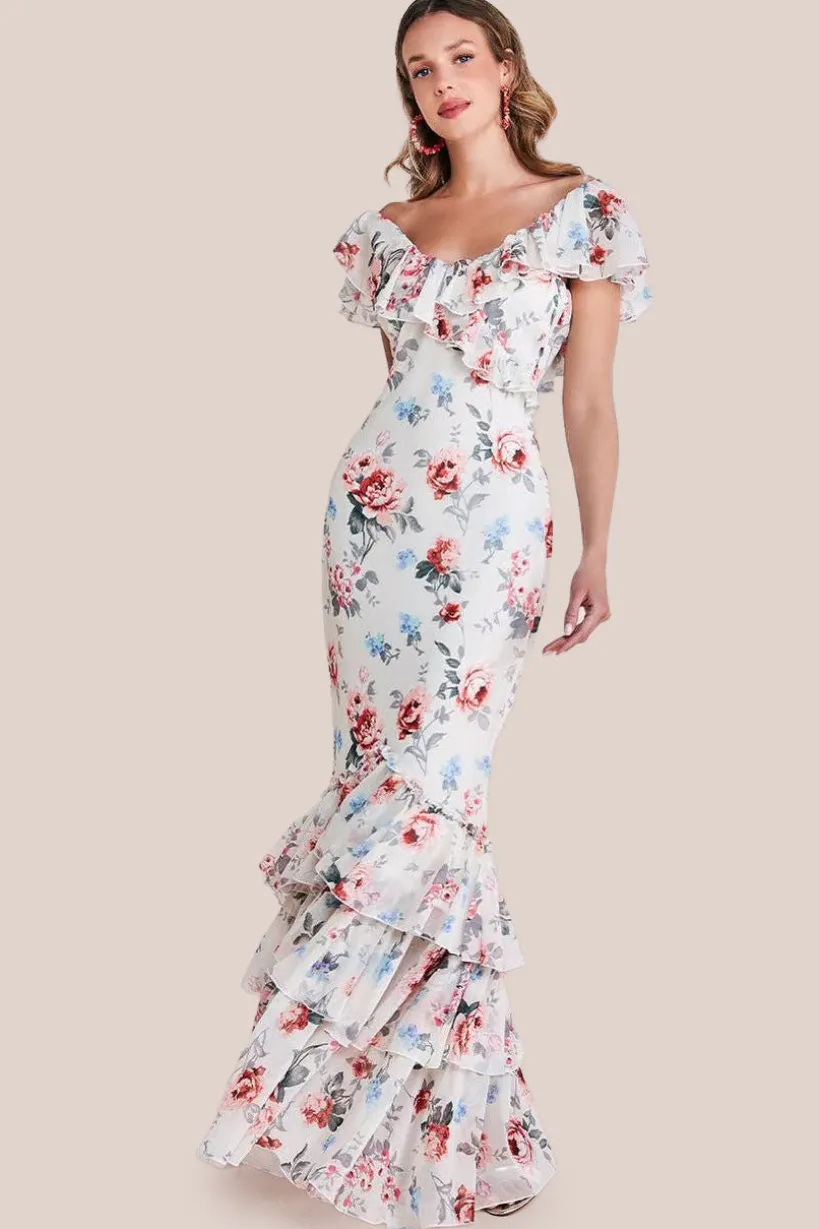 Floral Printed Chiffon Ruffle Maxi - Cream by Goddiva