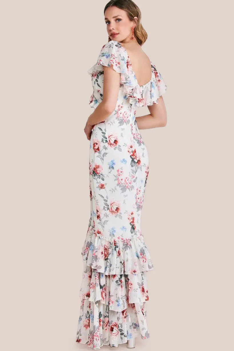 Floral Printed Chiffon Ruffle Maxi - Cream by Goddiva