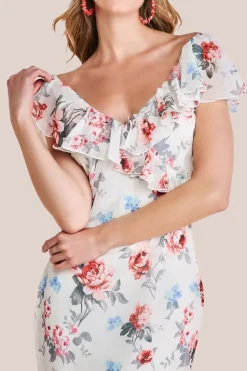 Floral Printed Chiffon Ruffle Maxi - Cream by Goddiva