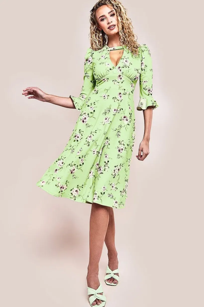 Floral Printed Flared Sleeve Midi - Sage Green by Goddiva