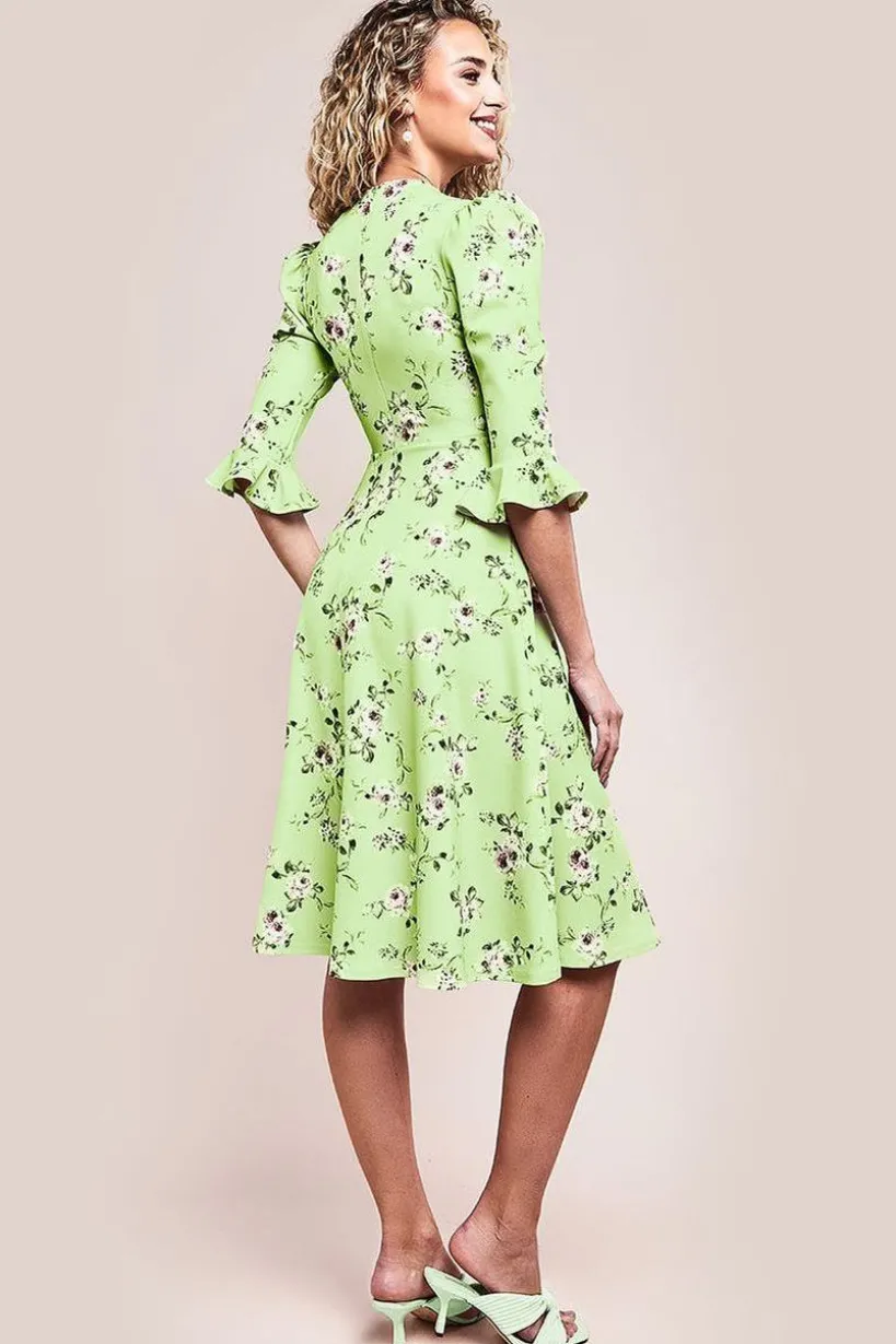 Floral Printed Flared Sleeve Midi - Sage Green by Goddiva
