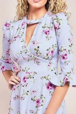 Floral Printed Flared Sleeve Midi - Lilac by Goddiva