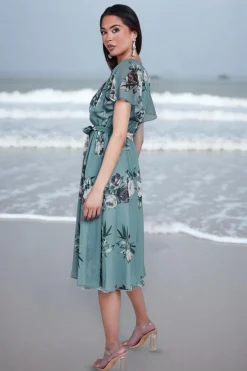 Floral Printed Flutter Sleeve Chiffon Midi Dress - Airforce Blue by Goddiva
