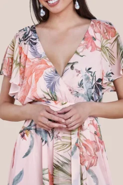 Floral Printed Flutter Sleeve Chiffon Midi Dress - Off White by Goddiva