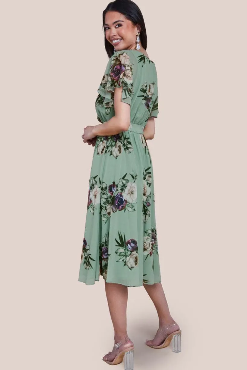 Floral Printed Flutter Sleeve Chiffon Midi Dress - Sage Green by Goddiva