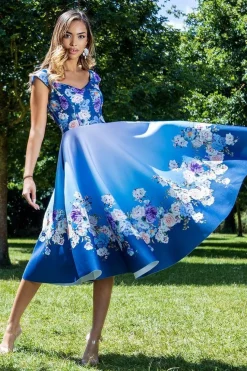 Floral Printed Scuba Foam Skater Dress - Blue by Goddiva