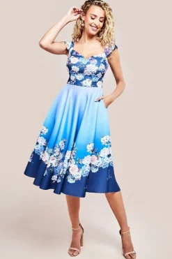 Floral Printed Scuba Foam Skater Dress - Blue by Goddiva