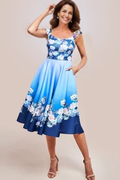 Floral Printed Scuba Foam Skater Dress - Blue by Goddiva