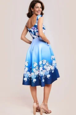 Floral Printed Scuba Foam Skater Dress - Blue by Goddiva