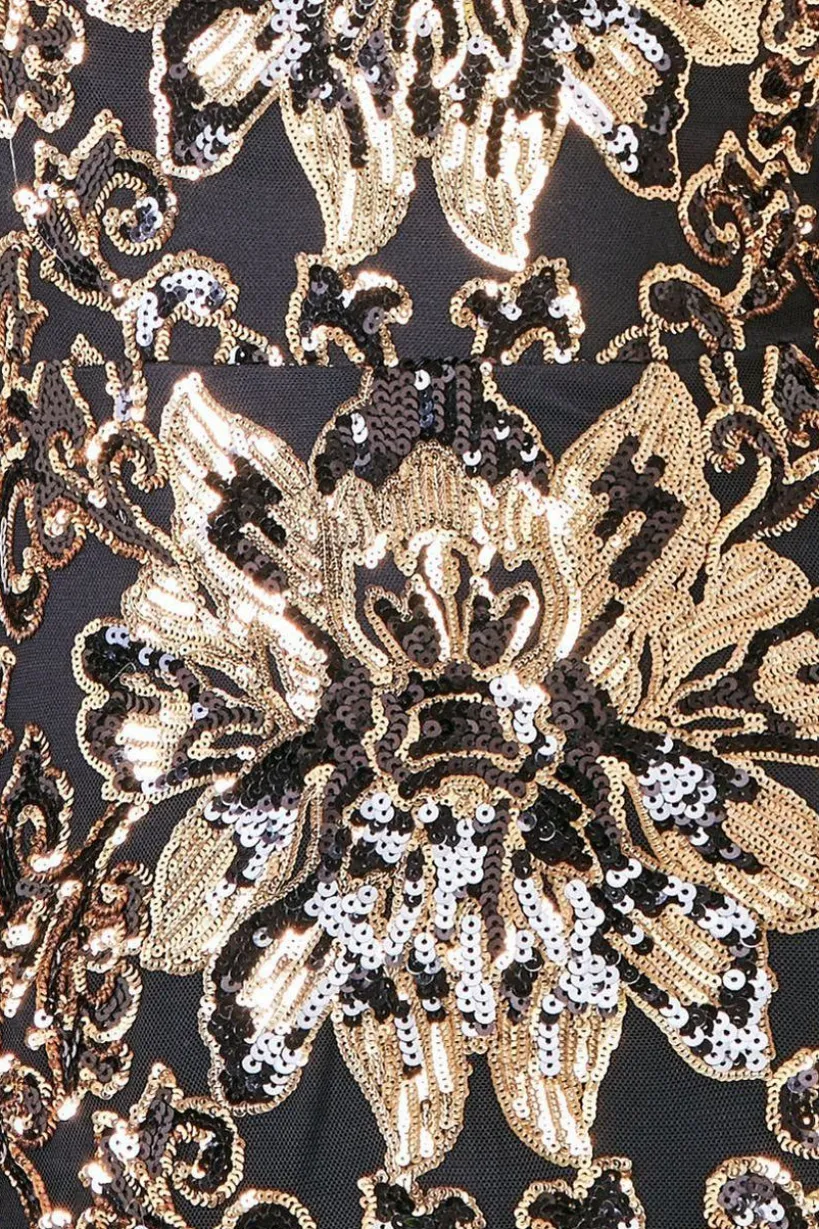 Floral Sequin Mesh Maxi - Gold by Goddiva