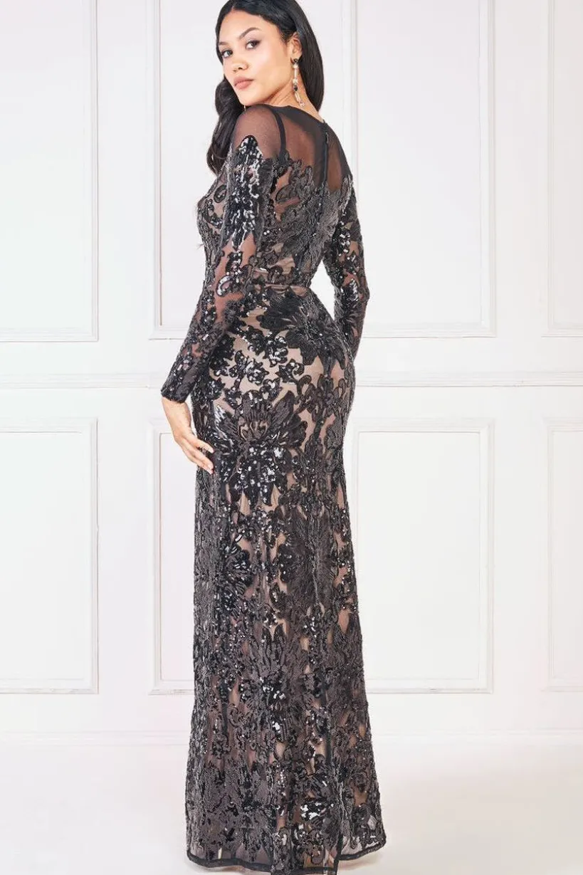 Floral Sequin Mesh Maxi - Black by Goddiva