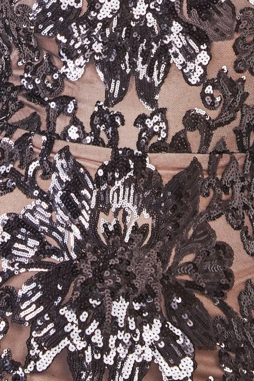 Floral Sequin Mesh Maxi - Black by Goddiva