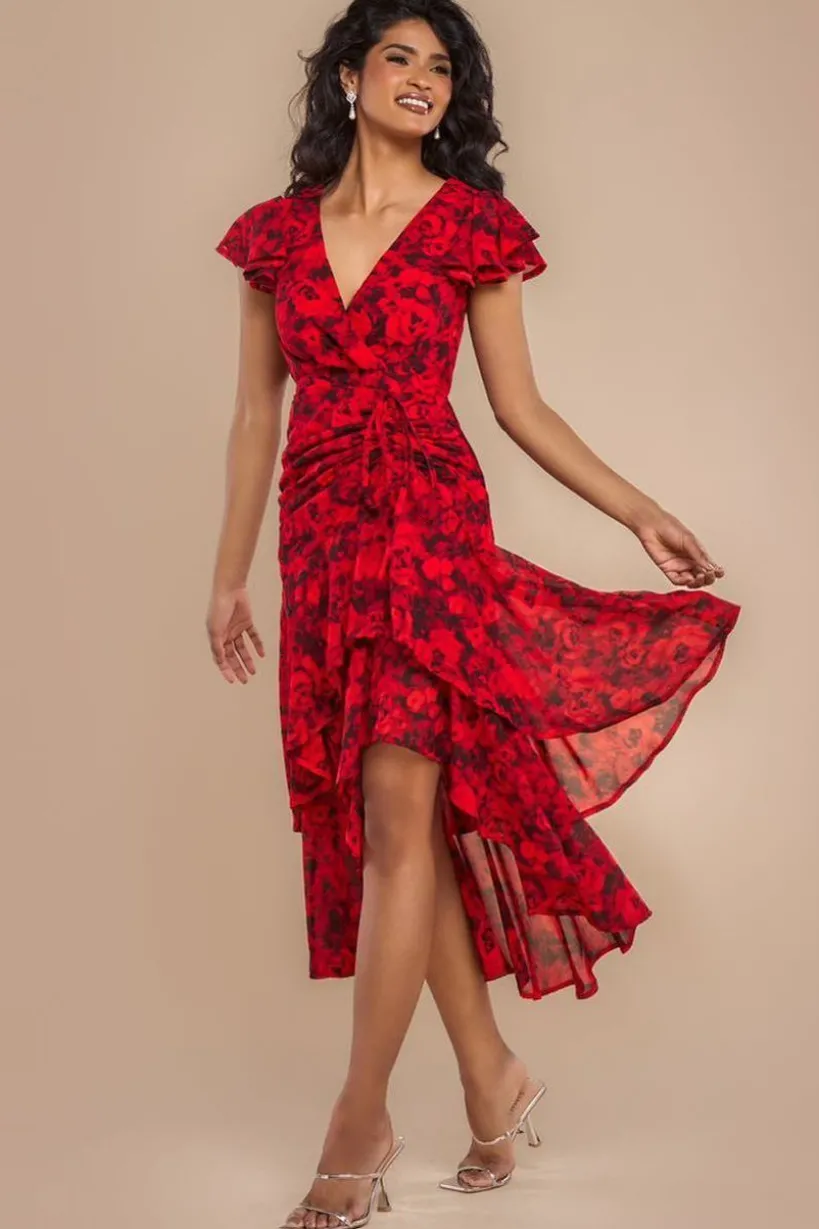 Floral Wrap High And Low Midaxi Dress - Red by Goddiva