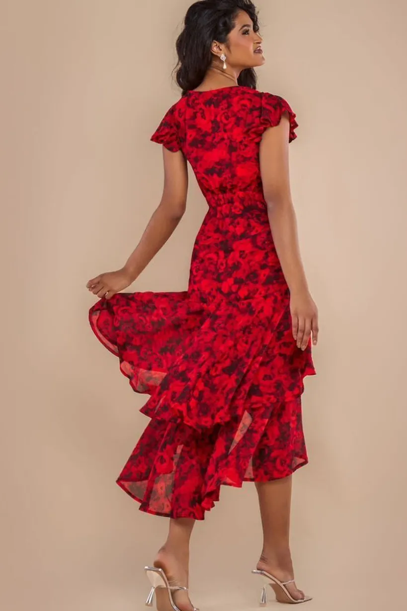 Floral Wrap High And Low Midaxi Dress - Red by Goddiva