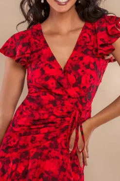Floral Wrap High And Low Midaxi Dress - Red by Goddiva